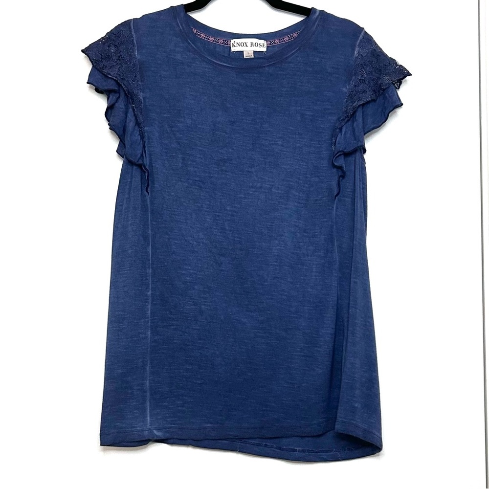 Knox Rose Denim Blue Top with Floral Pink Trim